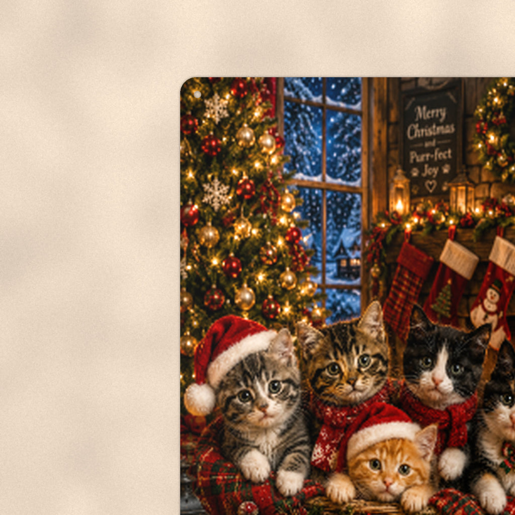 Christmas Kittens by the Tree aluminum metal sign 8" x 12" - close-up view of the printed artwork