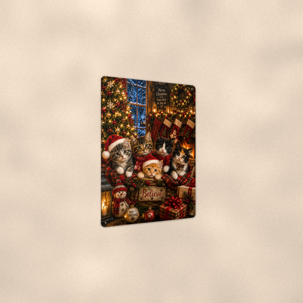 Christmas Kittens by the Tree aluminum metal sign 8" x 12" - angled view showing glossy finish