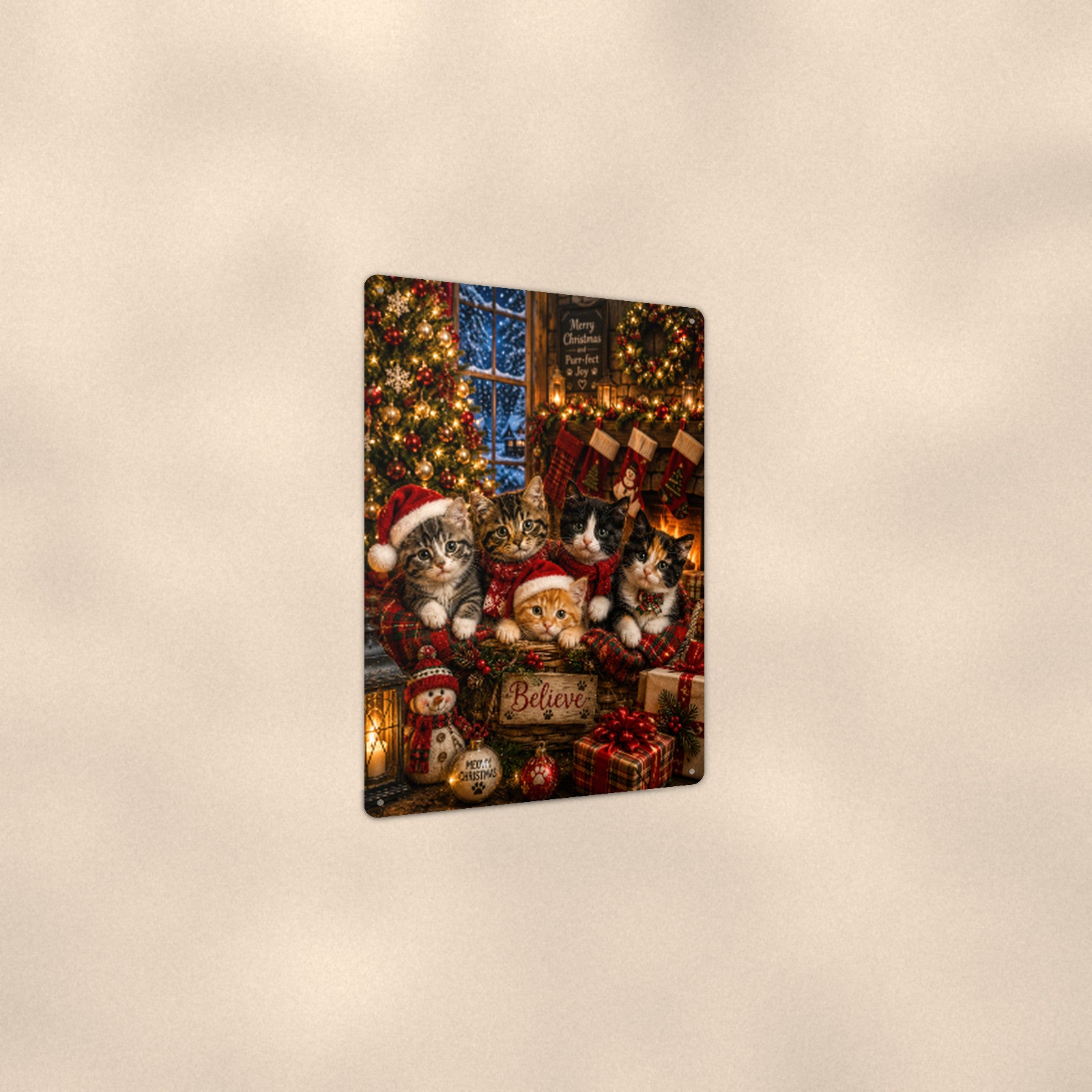 Christmas Kittens by the Tree aluminum metal sign 8" x 12" - angled view showing glossy finish