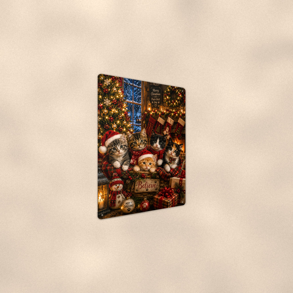 Christmas Kittens by the Tree aluminum metal sign 8" x 12" - angled wall view from a wider angle