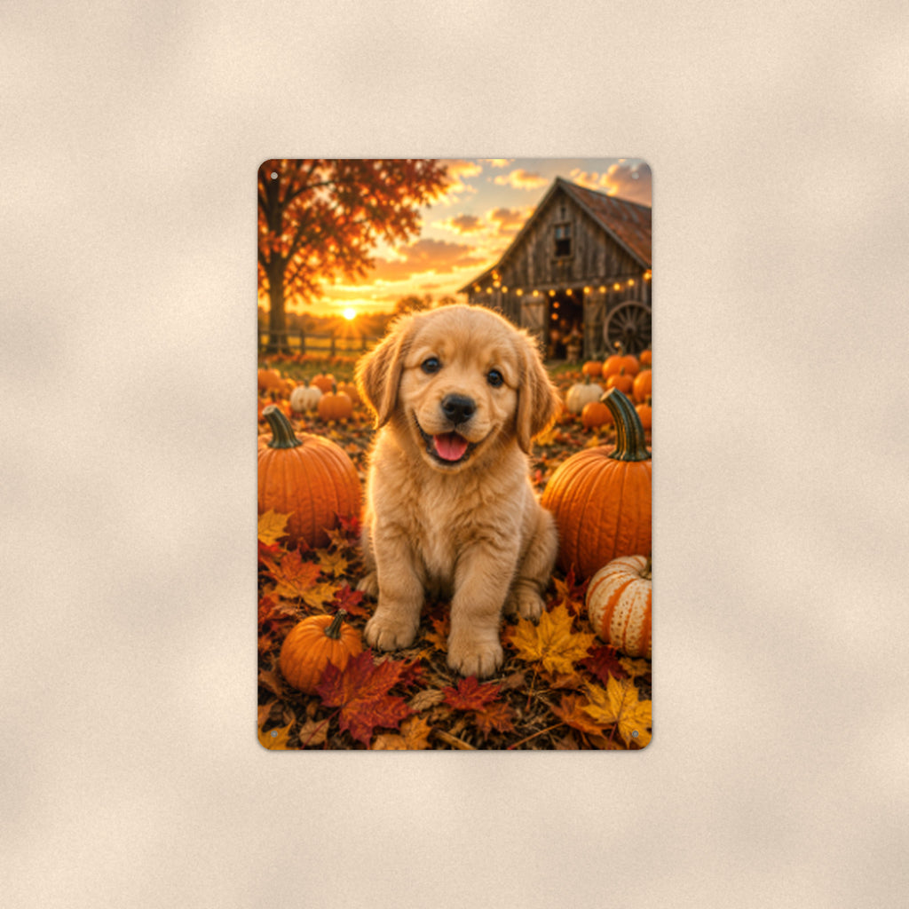 Golden Puppy in the Pumpkins aluminum metal sign 8" x 12" - front view on warm wall