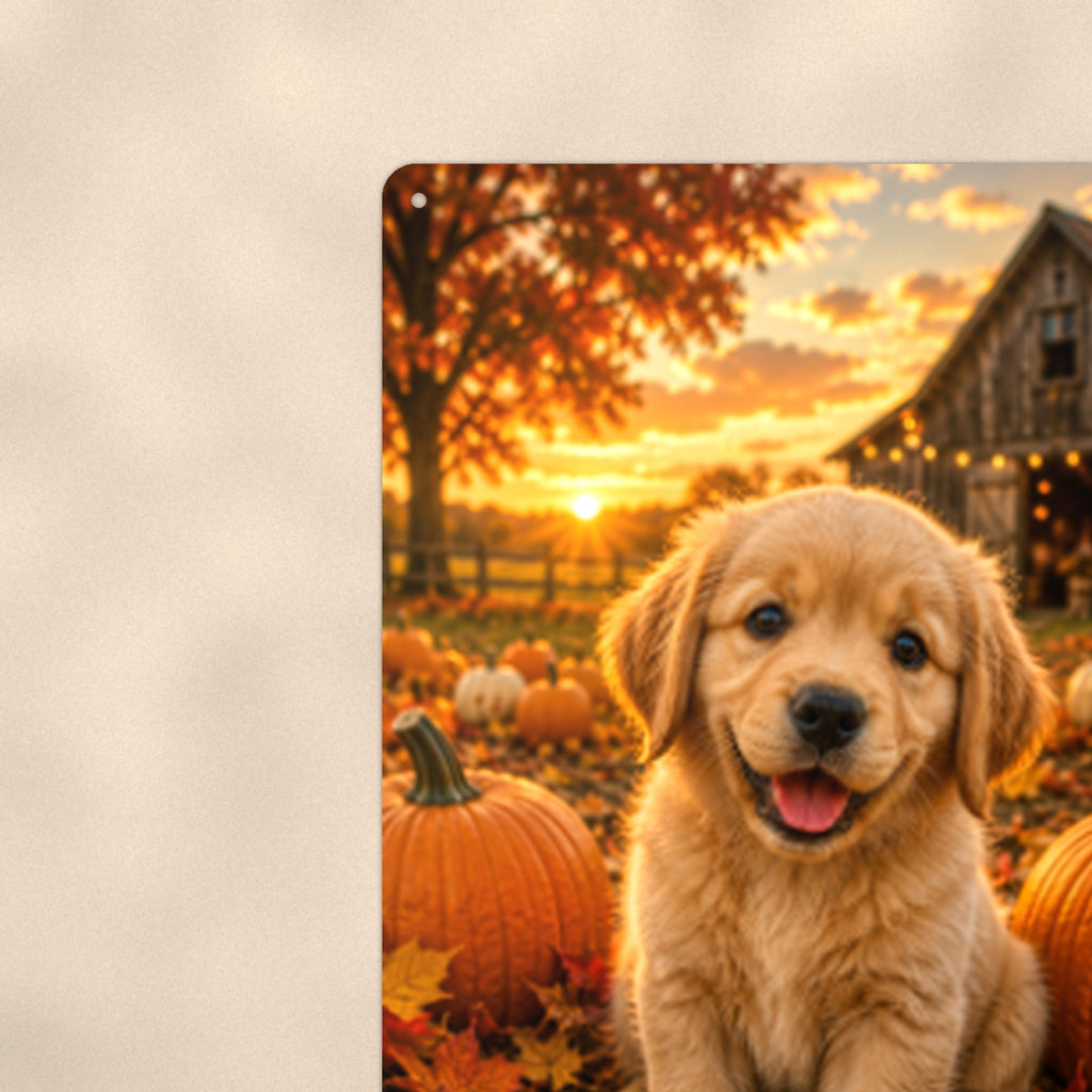 Golden Puppy in the Pumpkins aluminum metal sign 8" x 12" - close-up view of the printed artwork