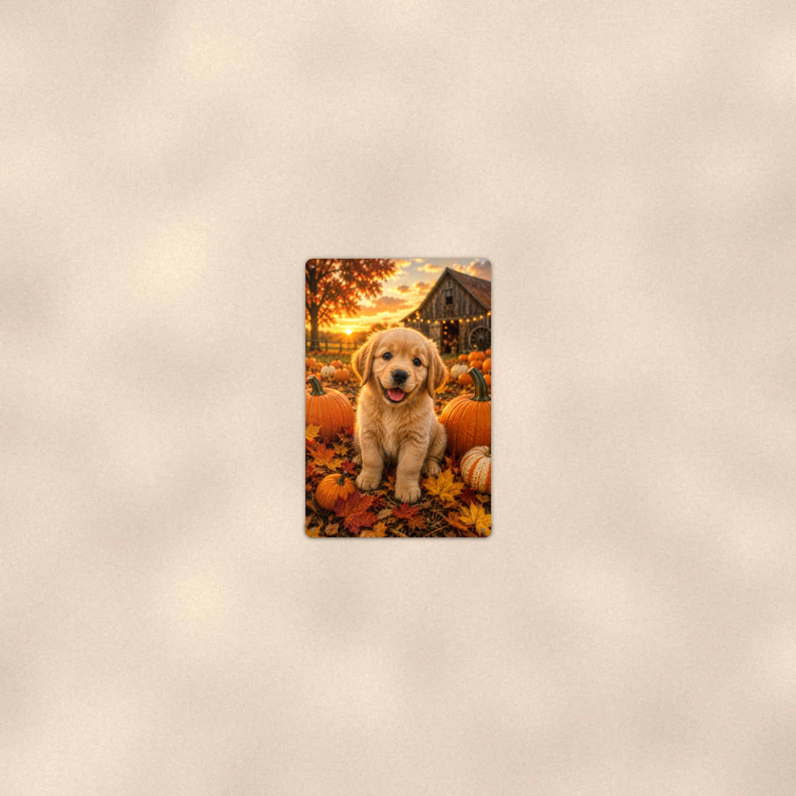 Golden Puppy in the Pumpkins aluminum metal sign 8" x 12" - room view on warm wall