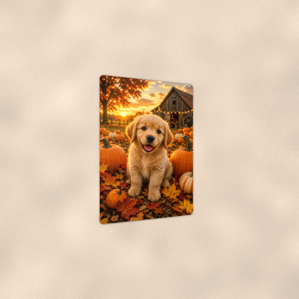 Golden Puppy in the Pumpkins aluminum metal sign 8" x 12" - angled view showing glossy finish