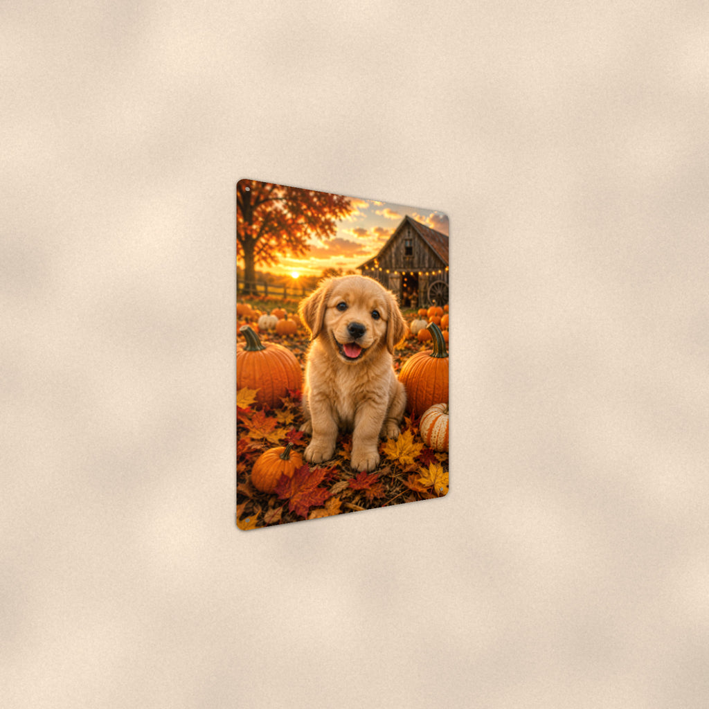 Golden Puppy in the Pumpkins aluminum metal sign 8" x 12" - angled wall view from a wider angle