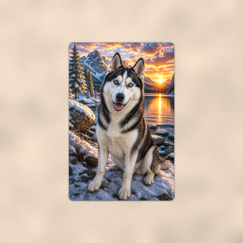 Husky at the Winter Lake aluminum metal sign 8" x 12" - front view on warm wall