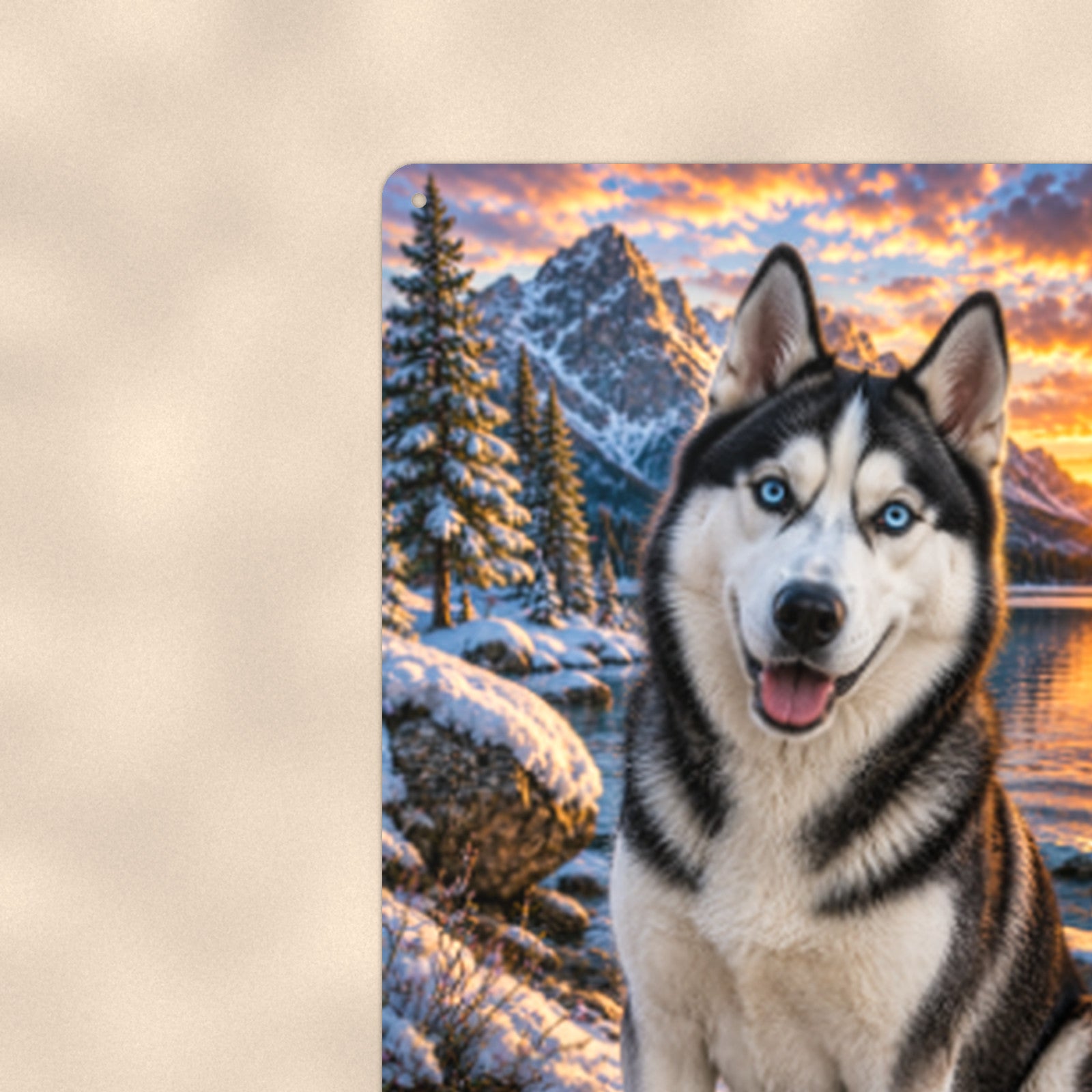 Husky at the Winter Lake aluminum metal sign 8" x 12" - close-up view of the printed artwork