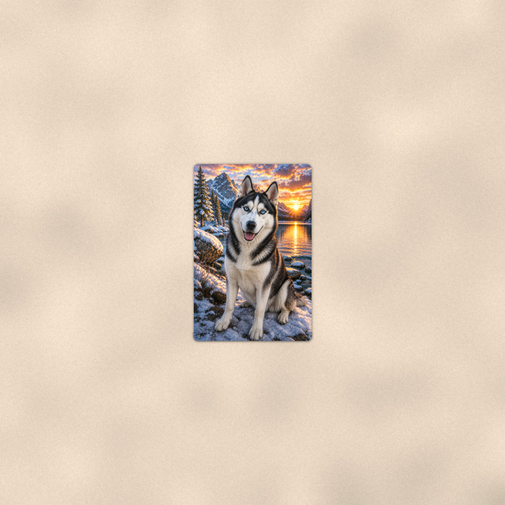 Husky at the Winter Lake aluminum metal sign 8" x 12" - room view on warm wall