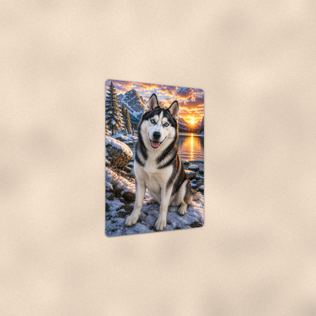 Husky at the Winter Lake aluminum metal sign 8" x 12" - angled view showing glossy finish
