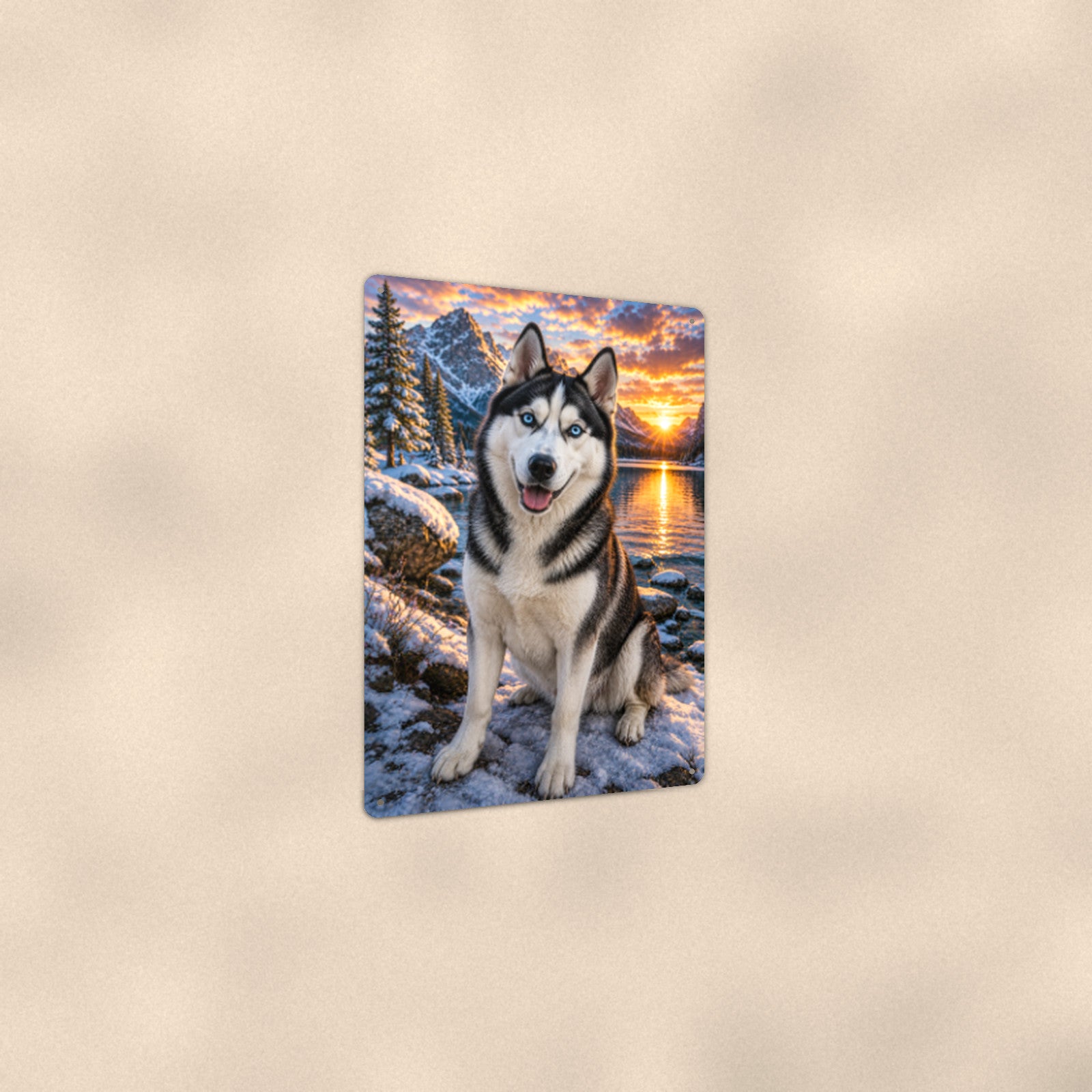 Husky at the Winter Lake aluminum metal sign 8" x 12" - angled view showing glossy finish