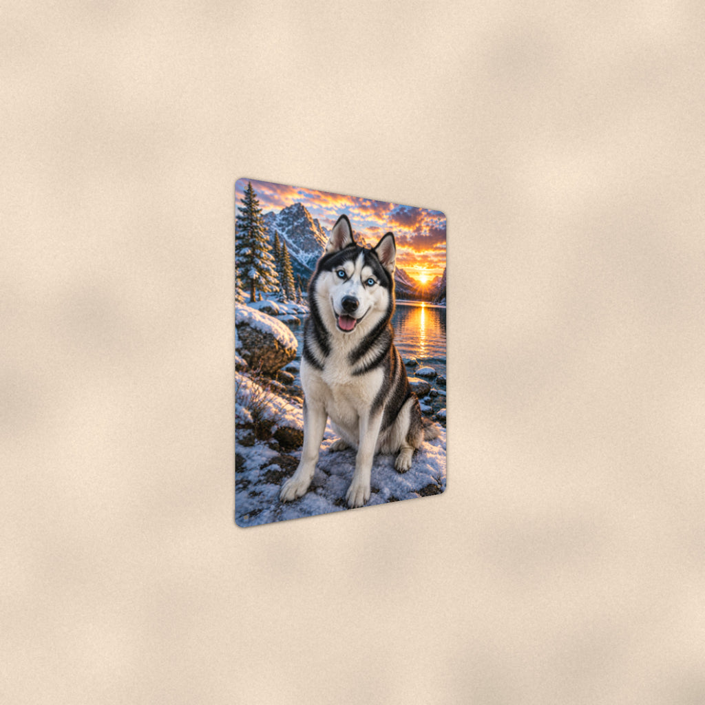 Husky at the Winter Lake aluminum metal sign 8" x 12" - angled wall view from a wider angle