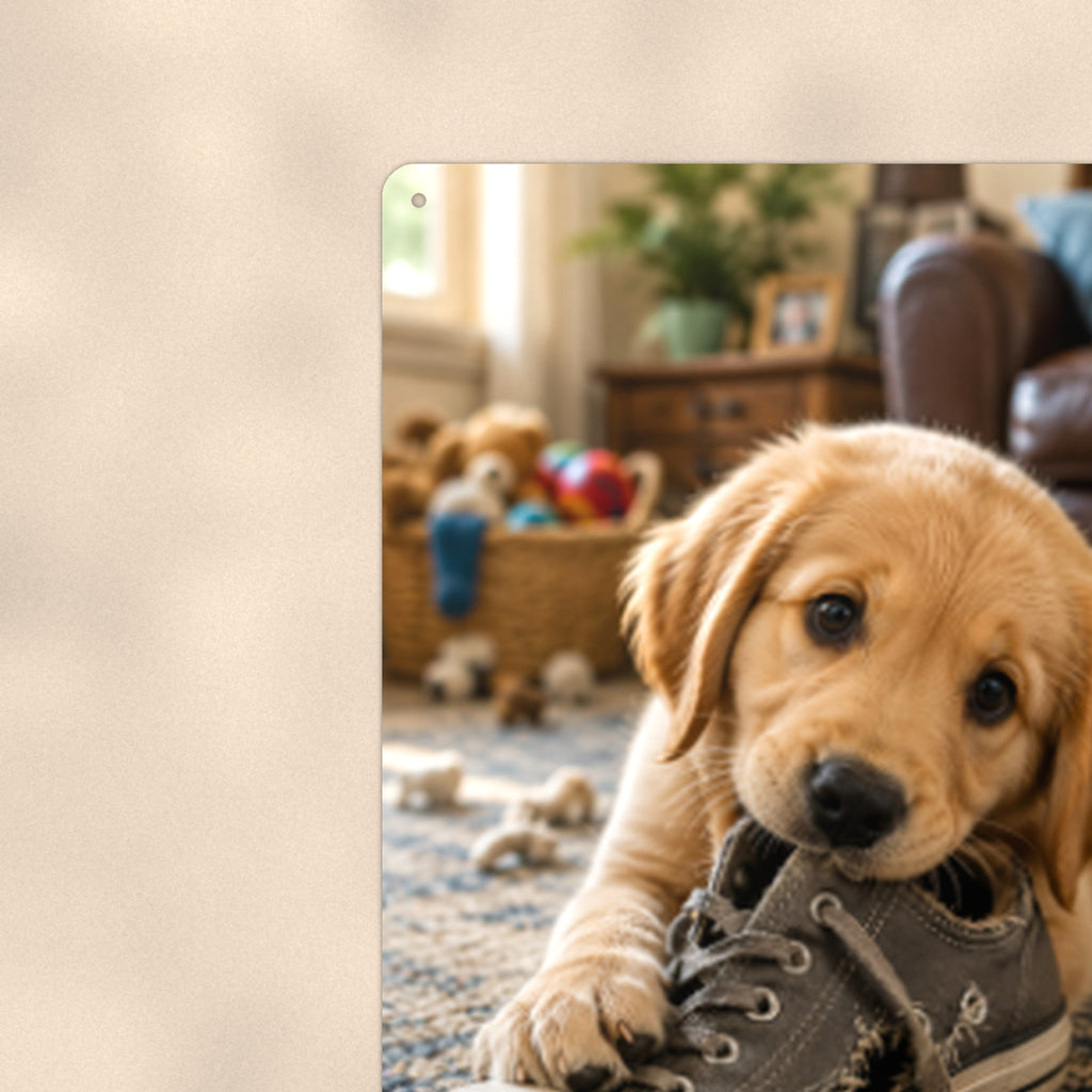 Golden Puppy in the Sneaker aluminum metal sign 8" x 12" - close-up view of the printed artwork