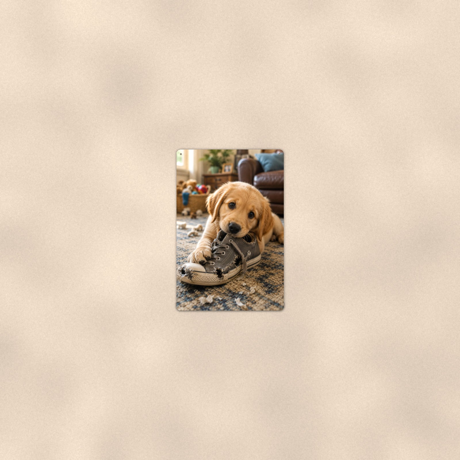 Golden Puppy in the Sneaker aluminum metal sign 8" x 12" - room view on warm wall