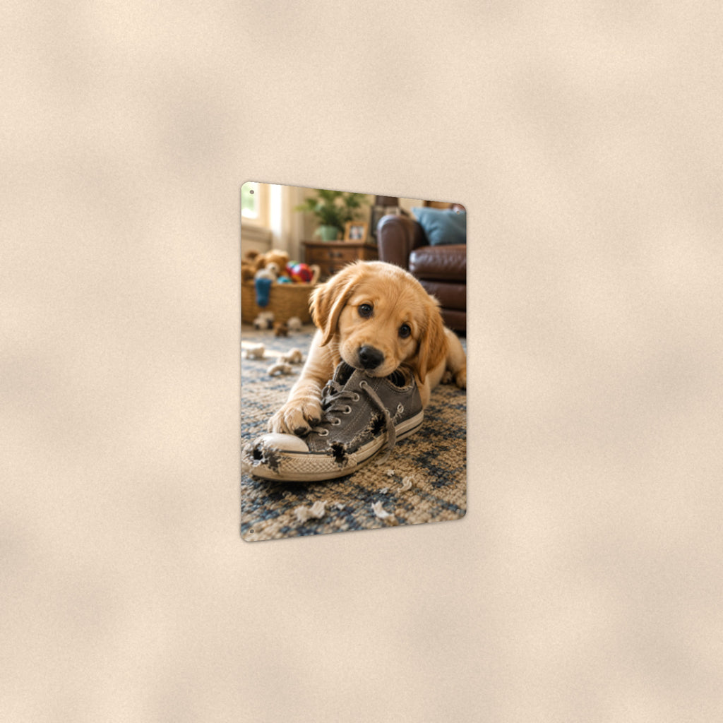 Golden Puppy in the Sneaker aluminum metal sign 8" x 12" - angled view showing glossy finish