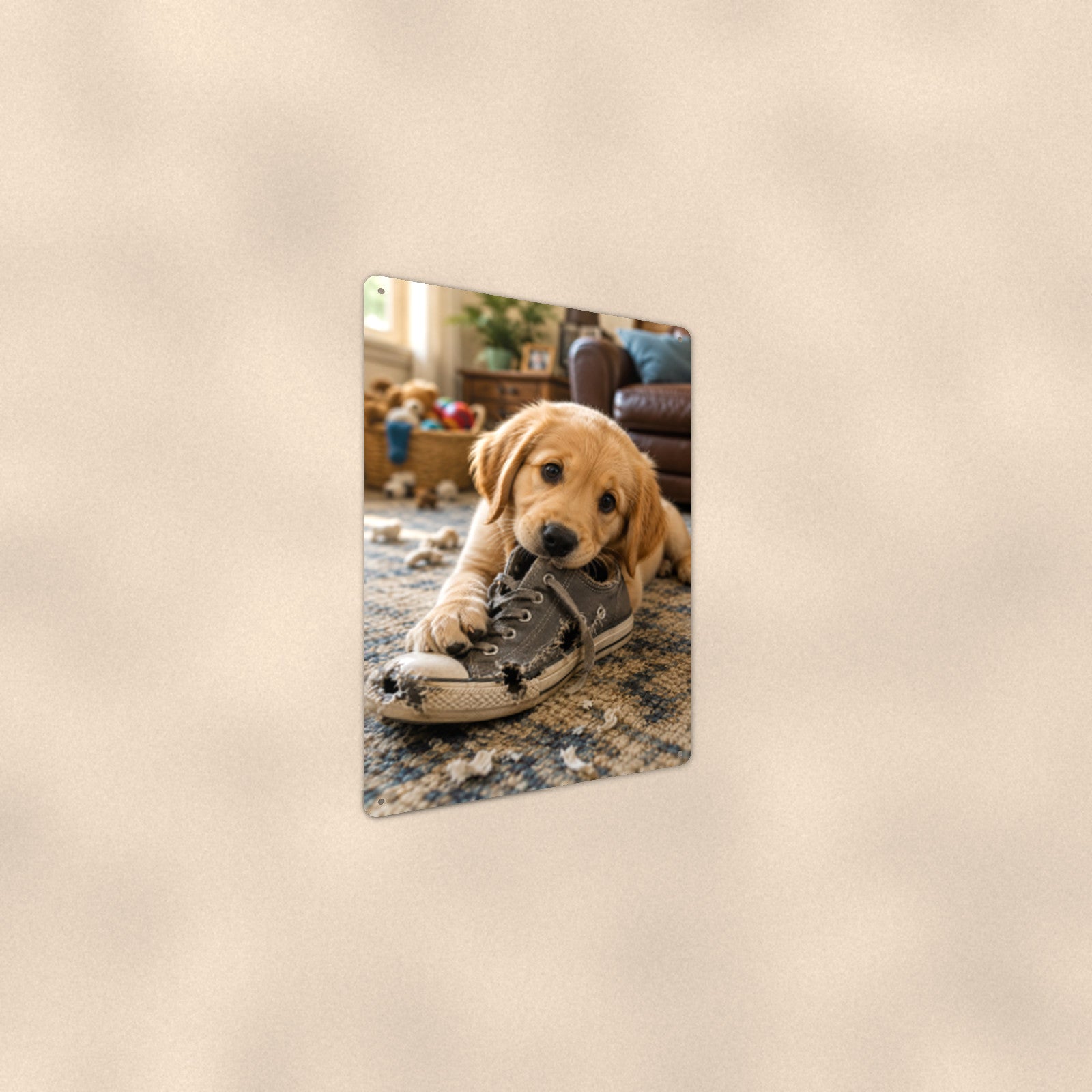 Golden Puppy in the Sneaker aluminum metal sign 8" x 12" - angled wall view from a wider angle