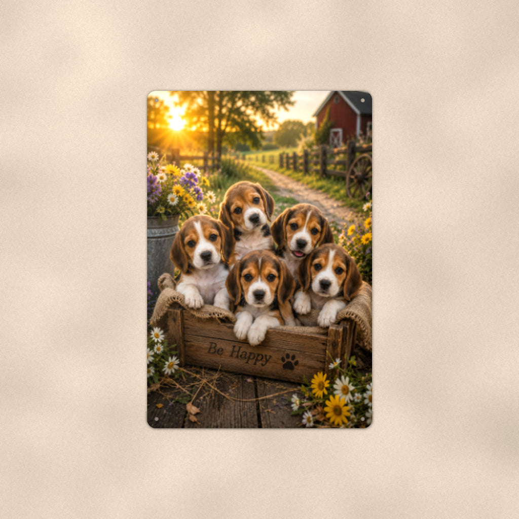 Beagle Puppies in the Crate aluminum metal sign 8" x 12" - front view on warm wall