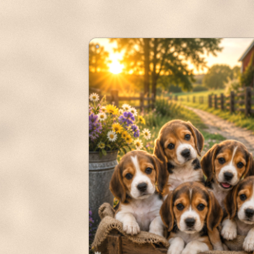Beagle Puppies in the Crate aluminum metal sign 8" x 12" - close-up view of the printed artwork