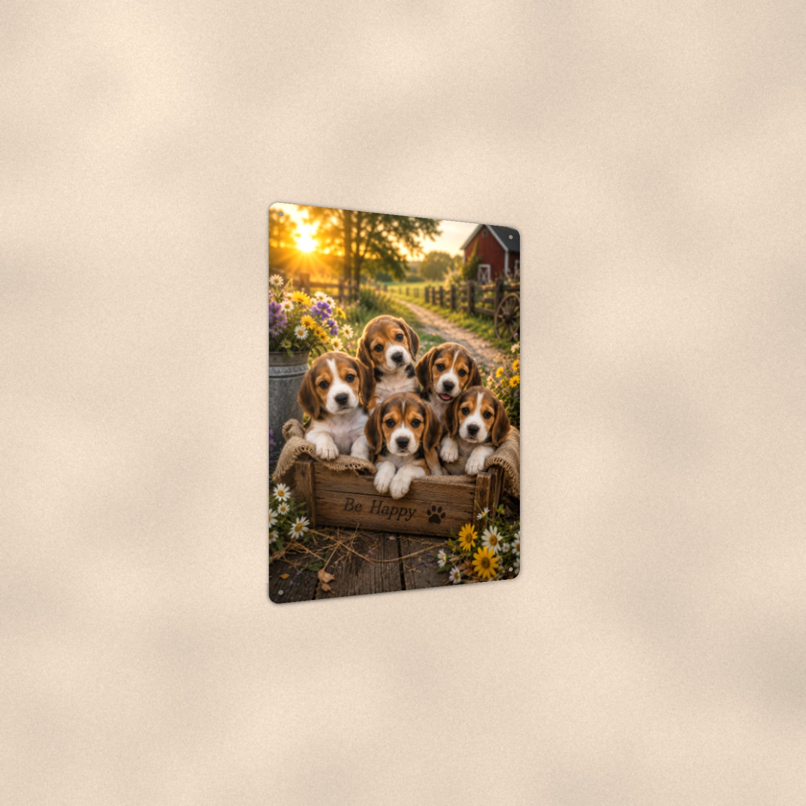 Beagle Puppies in the Crate aluminum metal sign 8" x 12" - angled view showing glossy finish