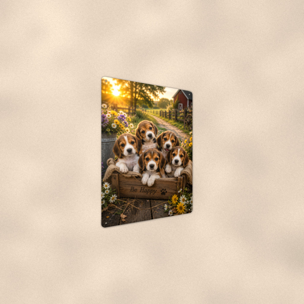 Beagle Puppies in the Crate aluminum metal sign 8" x 12" - angled wall view from a wider angle