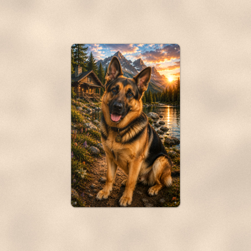 German Shepherd Mountain Lake aluminum metal sign 8" x 12" - front view on warm wall