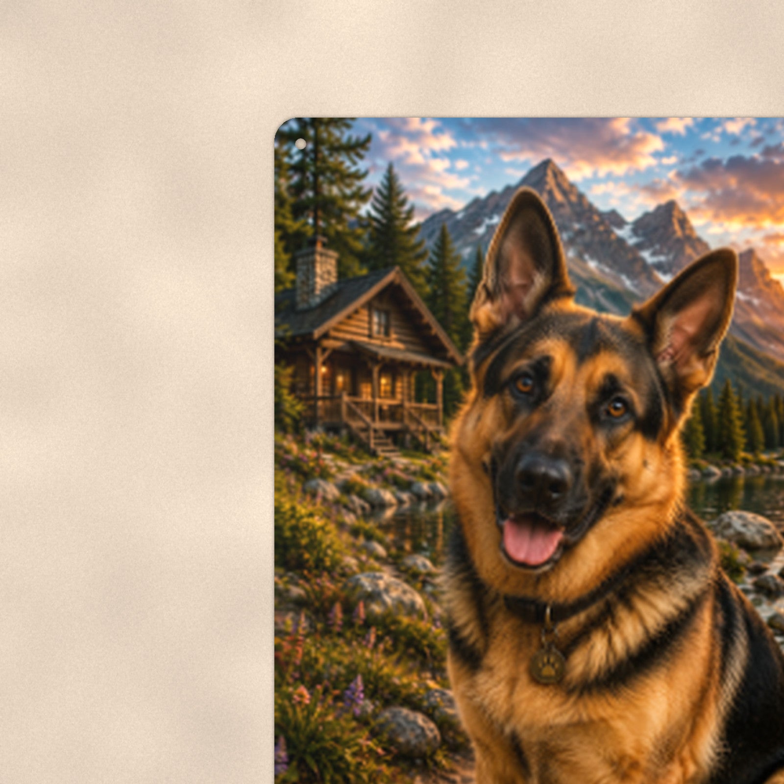 German Shepherd Mountain Lake aluminum metal sign 8" x 12" - close-up view of the printed artwork