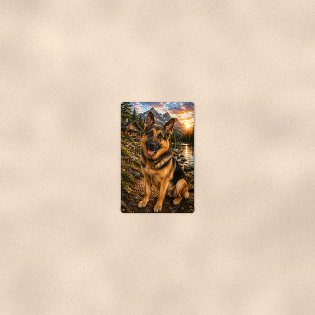 German Shepherd Mountain Lake aluminum metal sign 8" x 12" - room view on warm wall