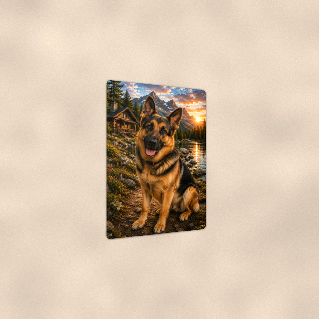German Shepherd Mountain Lake aluminum metal sign 8" x 12" - angled view showing glossy finish