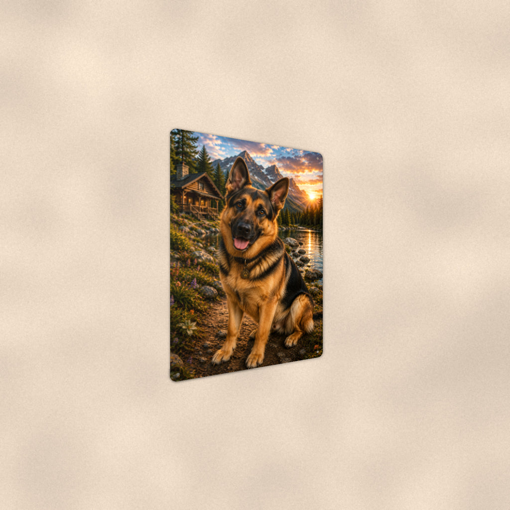 German Shepherd Mountain Lake aluminum metal sign 8" x 12" - angled wall view from a wider angle