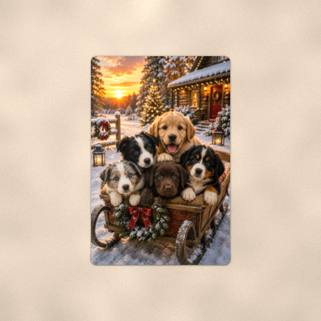 Christmas Puppies in the Wagon aluminum metal sign 8" x 12" - front view on warm wall
