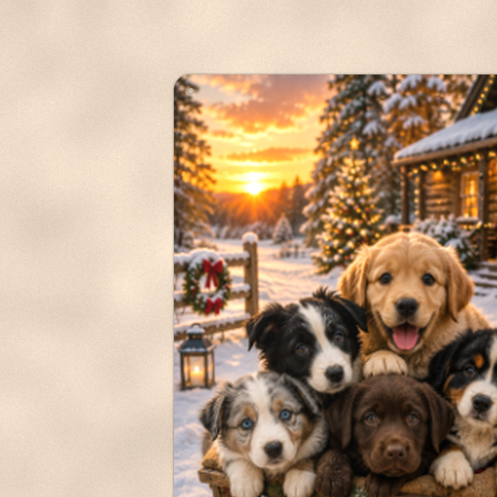 Christmas Puppies in the Wagon aluminum metal sign 8" x 12" - close-up view of the printed artwork