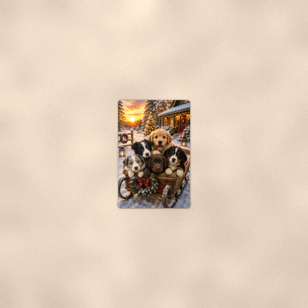 Christmas Puppies in the Wagon aluminum metal sign 8" x 12" - room view on warm wall