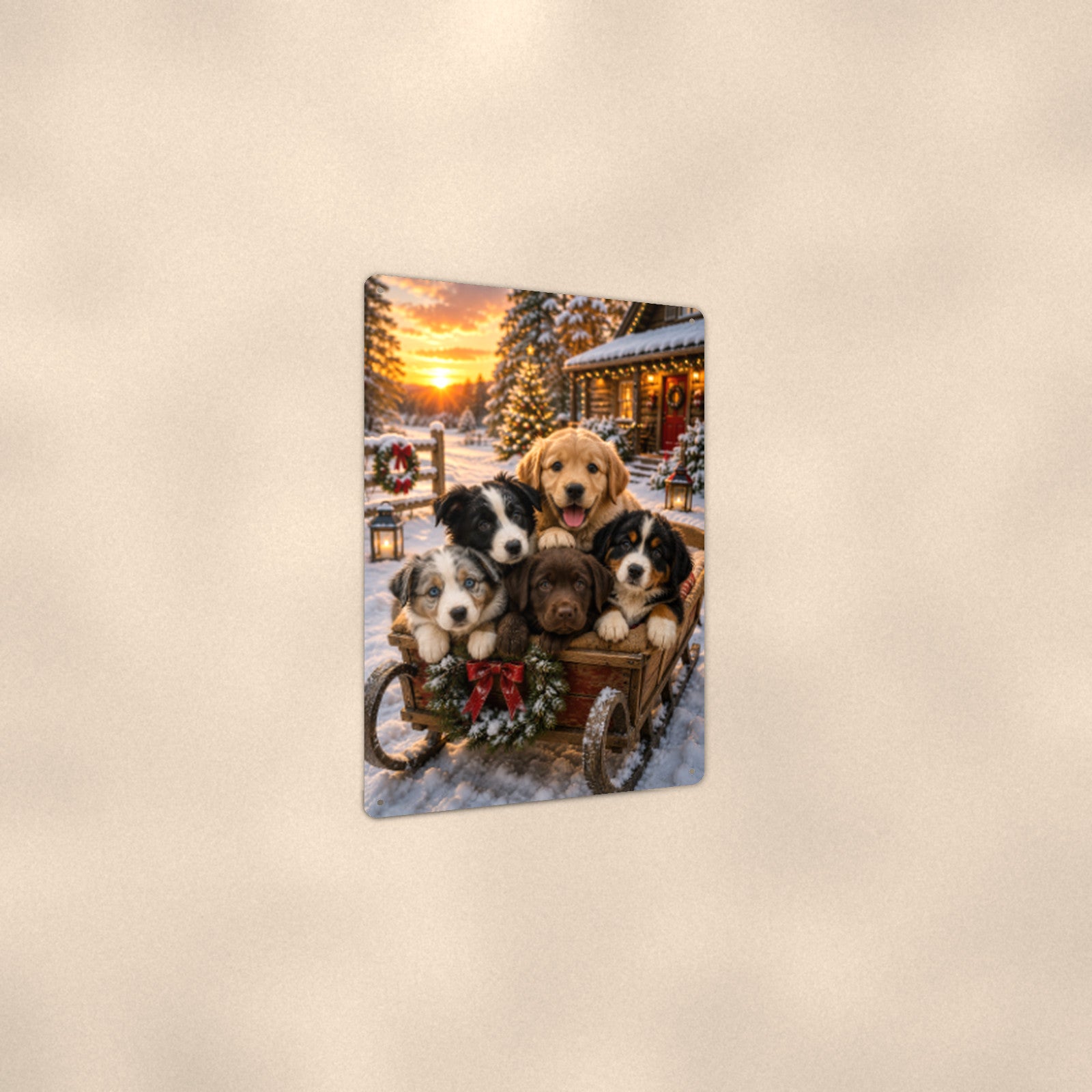 Christmas Puppies in the Wagon aluminum metal sign 8" x 12" - angled view showing glossy finish