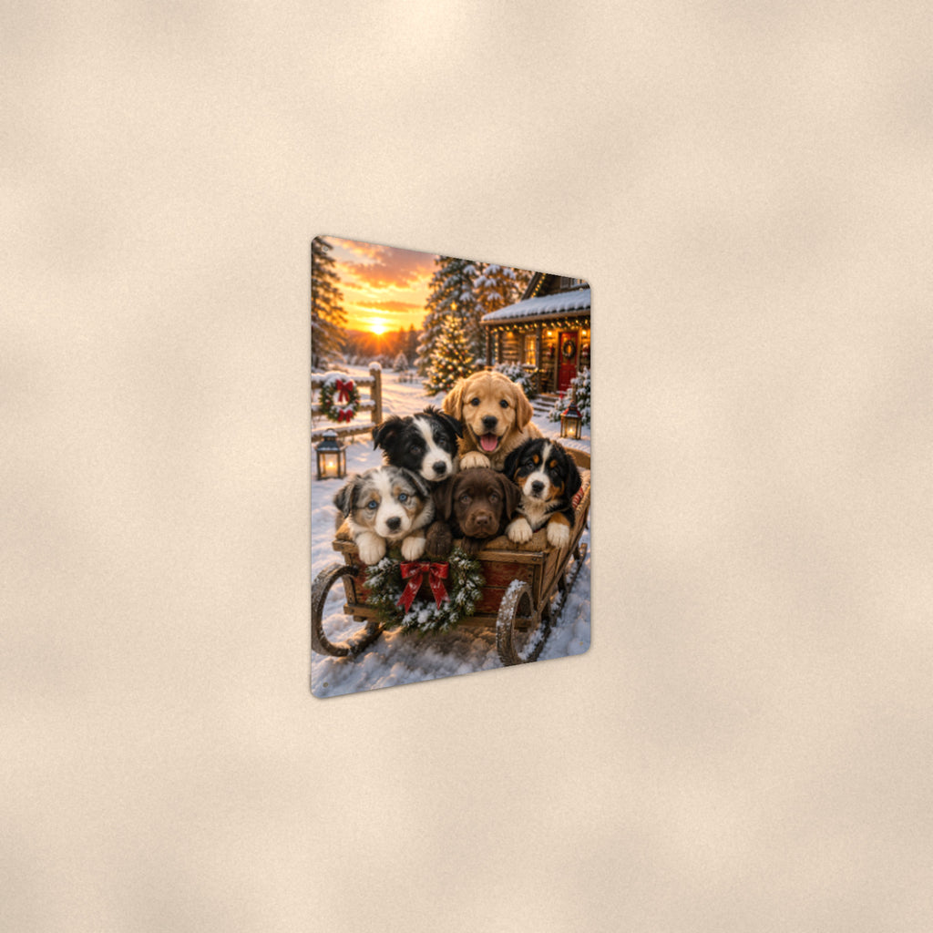 Christmas Puppies in the Wagon aluminum metal sign 8" x 12" - angled wall view from a wider angle