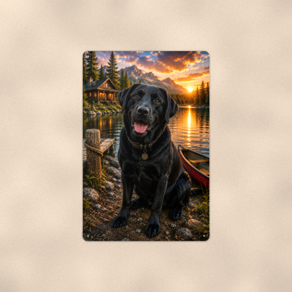 Black Lab at the Canoe aluminum metal sign 8" x 12" - front view on warm wall