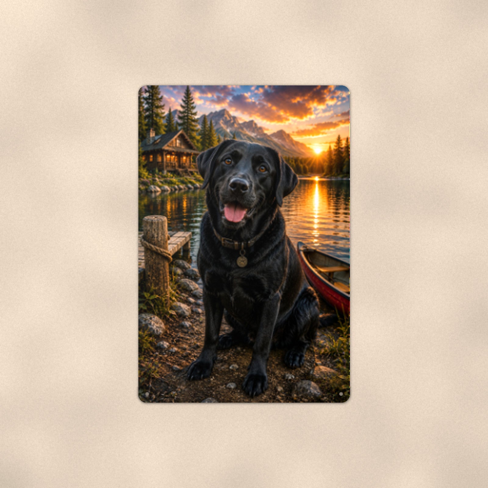 Black Lab at the Canoe aluminum metal sign 8" x 12" - front view on warm wall