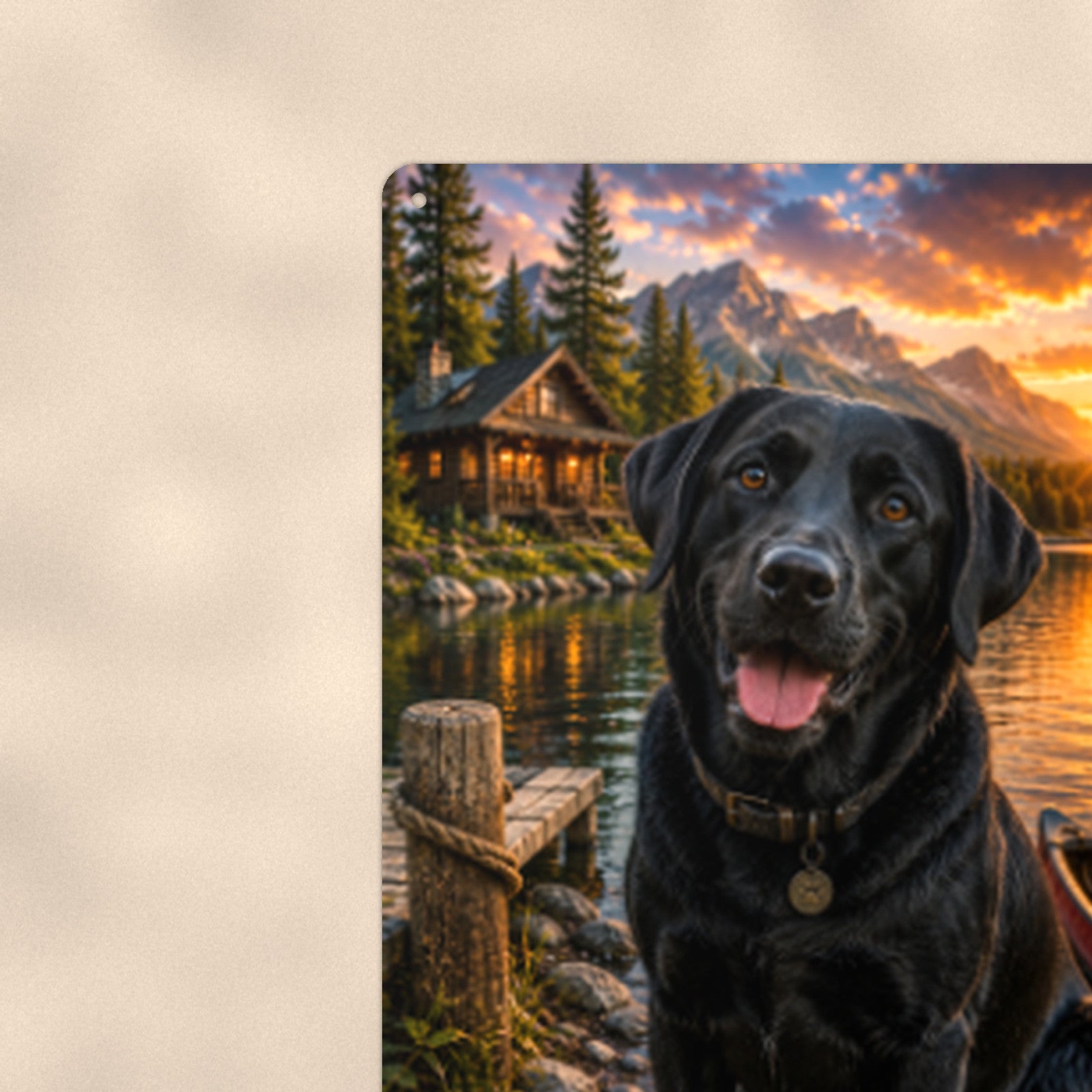 Black Lab at the Canoe aluminum metal sign 8" x 12" - close-up view of the printed artwork