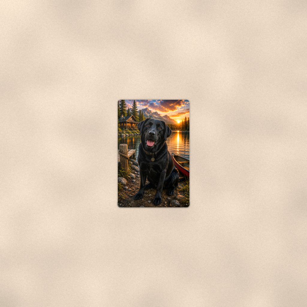 Black Lab at the Canoe aluminum metal sign 8" x 12" - room view on warm wall