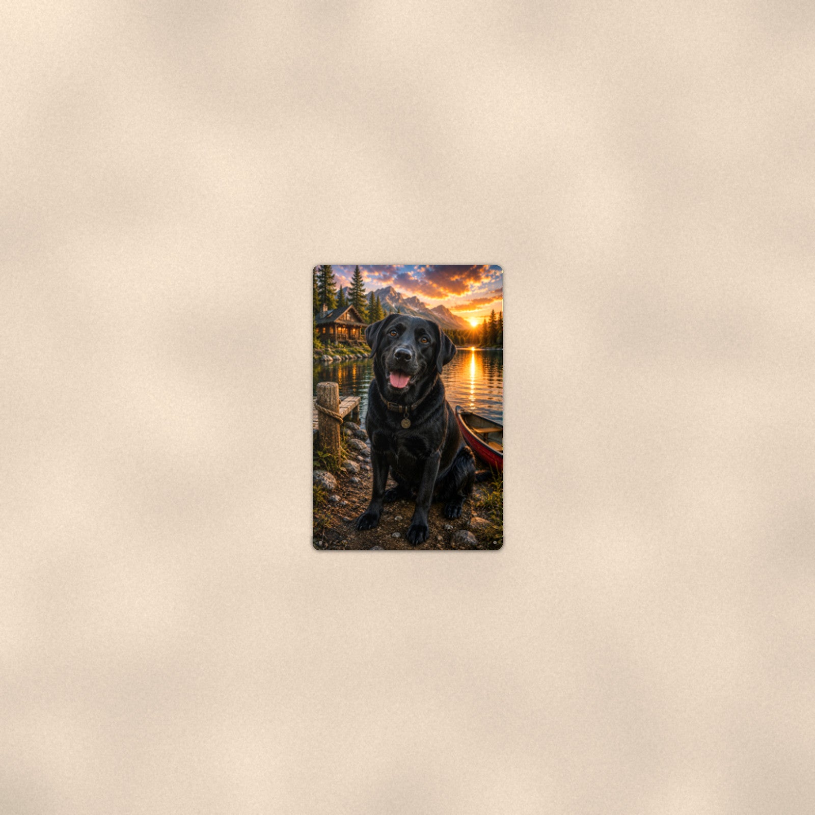 Black Lab at the Canoe aluminum metal sign 8" x 12" - room view on warm wall