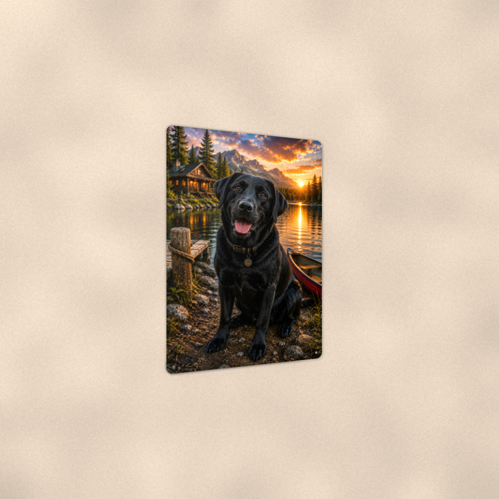 Black Lab at the Canoe aluminum metal sign 8" x 12" - angled view showing glossy finish