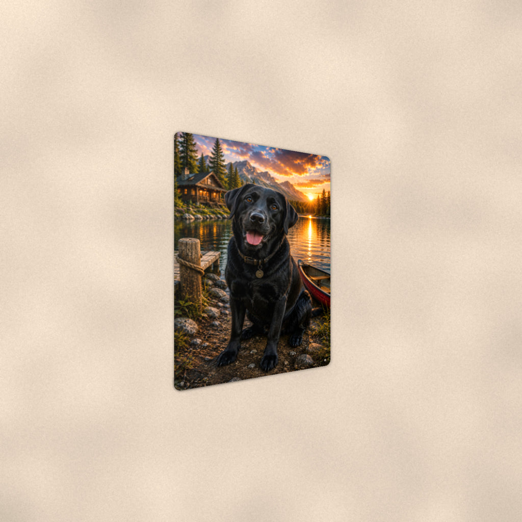 Black Lab at the Canoe aluminum metal sign 8" x 12" - angled wall view from a wider angle