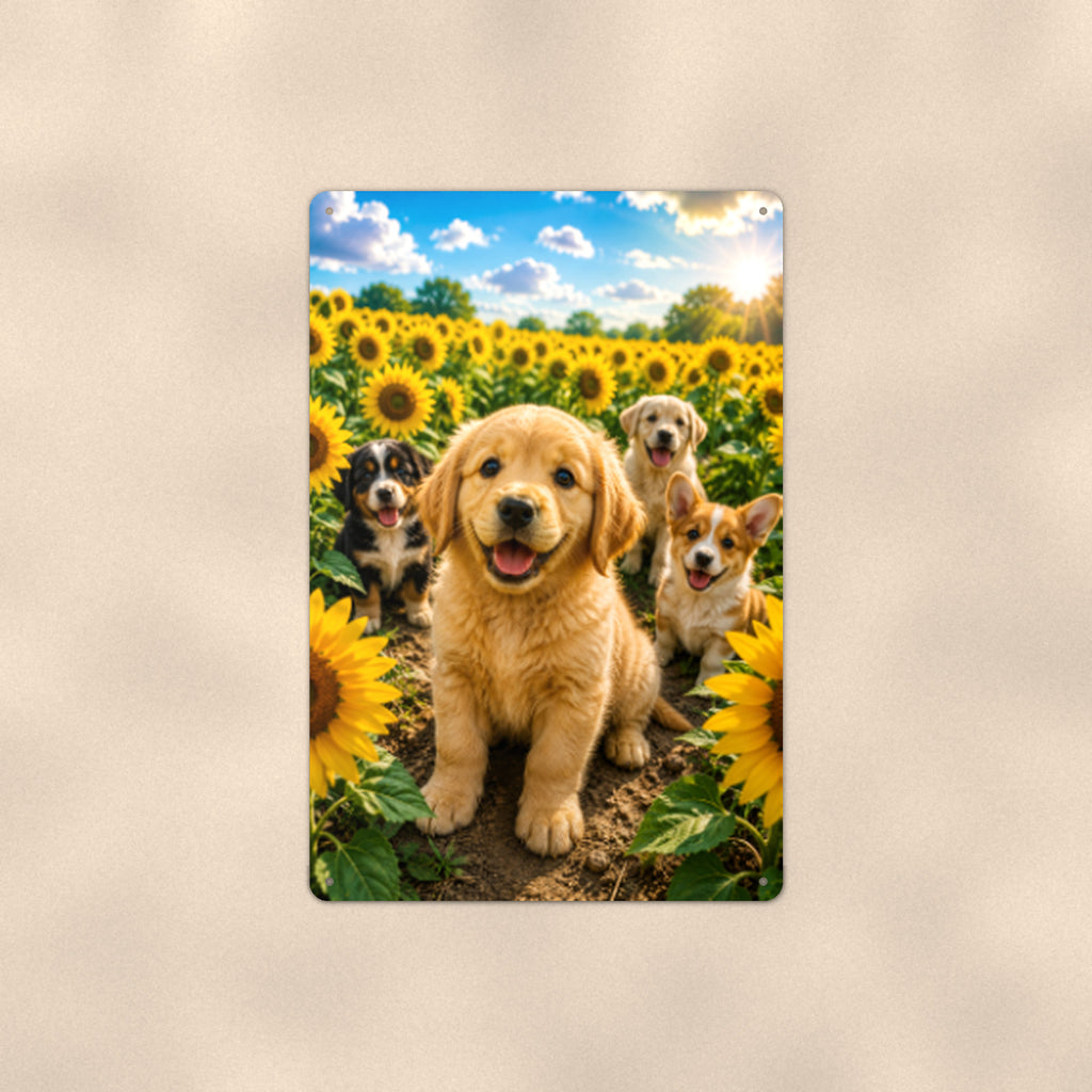 Golden Puppies in the Sunflowers aluminum metal sign 8" x 12" - front view on warm wall