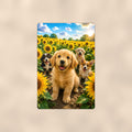 Golden Puppies in the Sunflowers aluminum metal sign 8" x 12" - front view on warm wall
