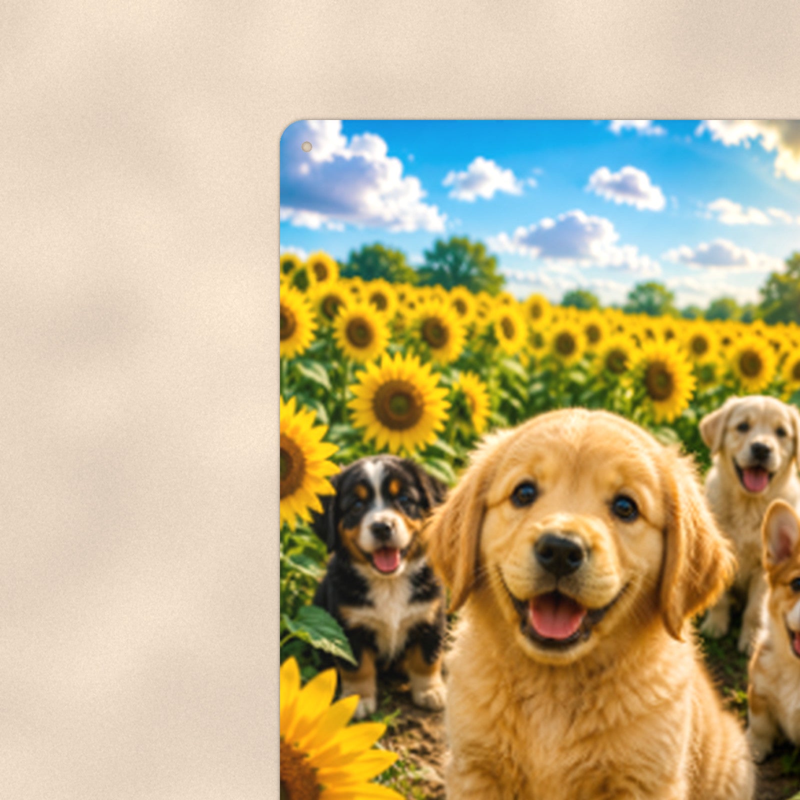 Golden Puppies in the Sunflowers aluminum metal sign 8" x 12" - close-up view of the printed artwork