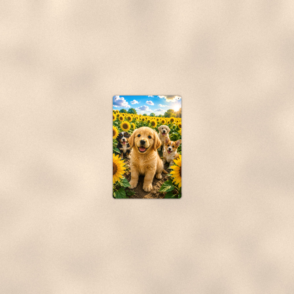 Golden Puppies in the Sunflowers aluminum metal sign 8" x 12" - room view on warm wall