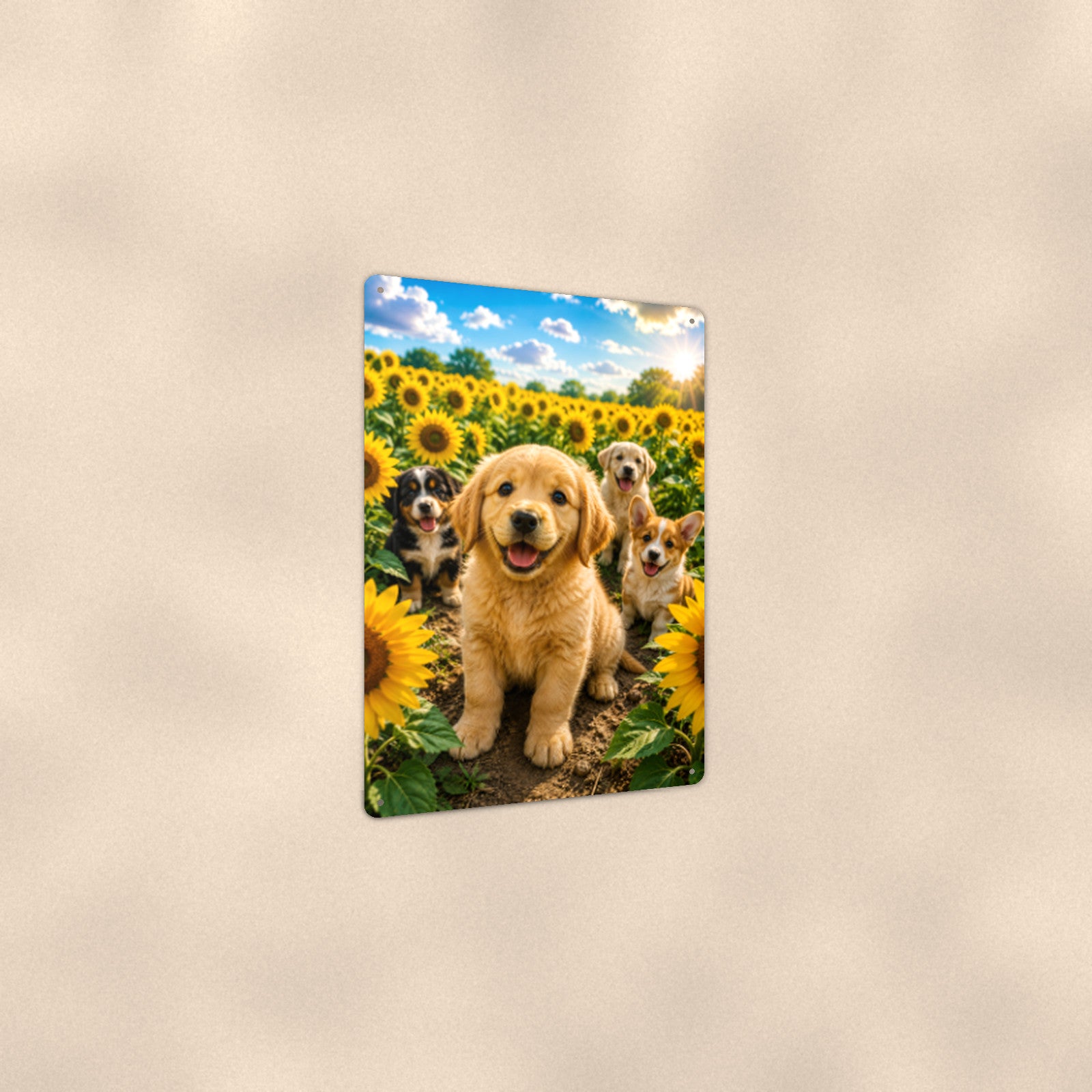 Golden Puppies in the Sunflowers aluminum metal sign 8" x 12" - angled view showing glossy finish
