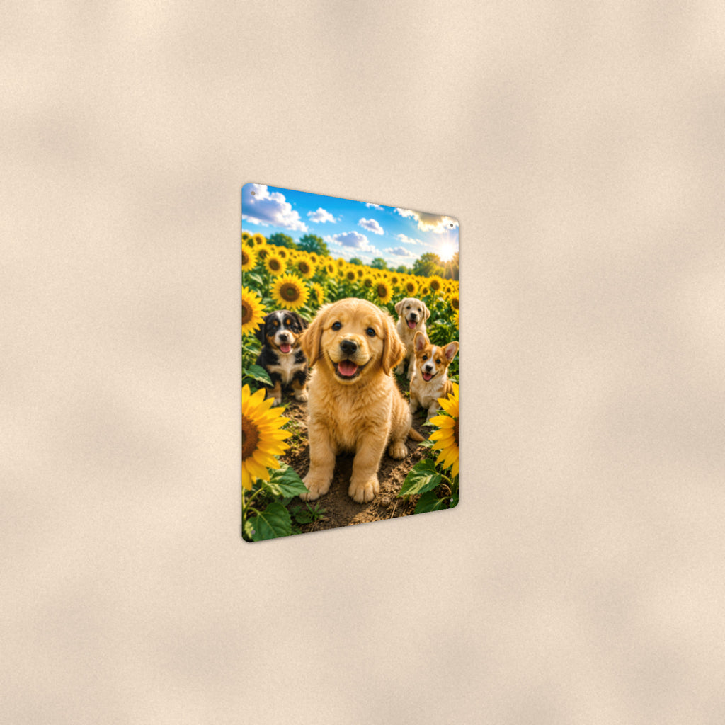 Golden Puppies in the Sunflowers aluminum metal sign 8" x 12" - angled wall view from a wider angle