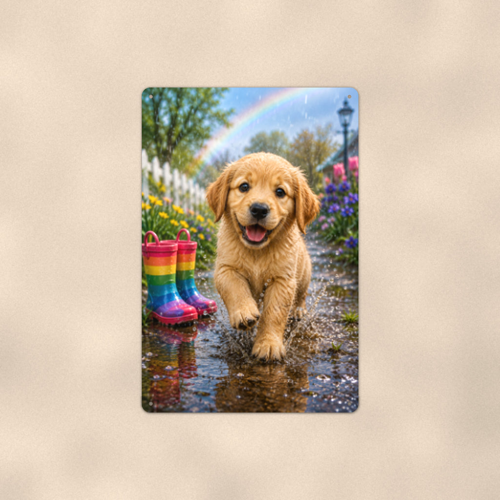 Puppy and the Rainbow Boots aluminum metal sign 8" x 12" - front view on warm wall