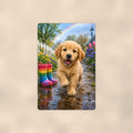 Puppy and the Rainbow Boots aluminum metal sign 8" x 12" - front view on warm wall