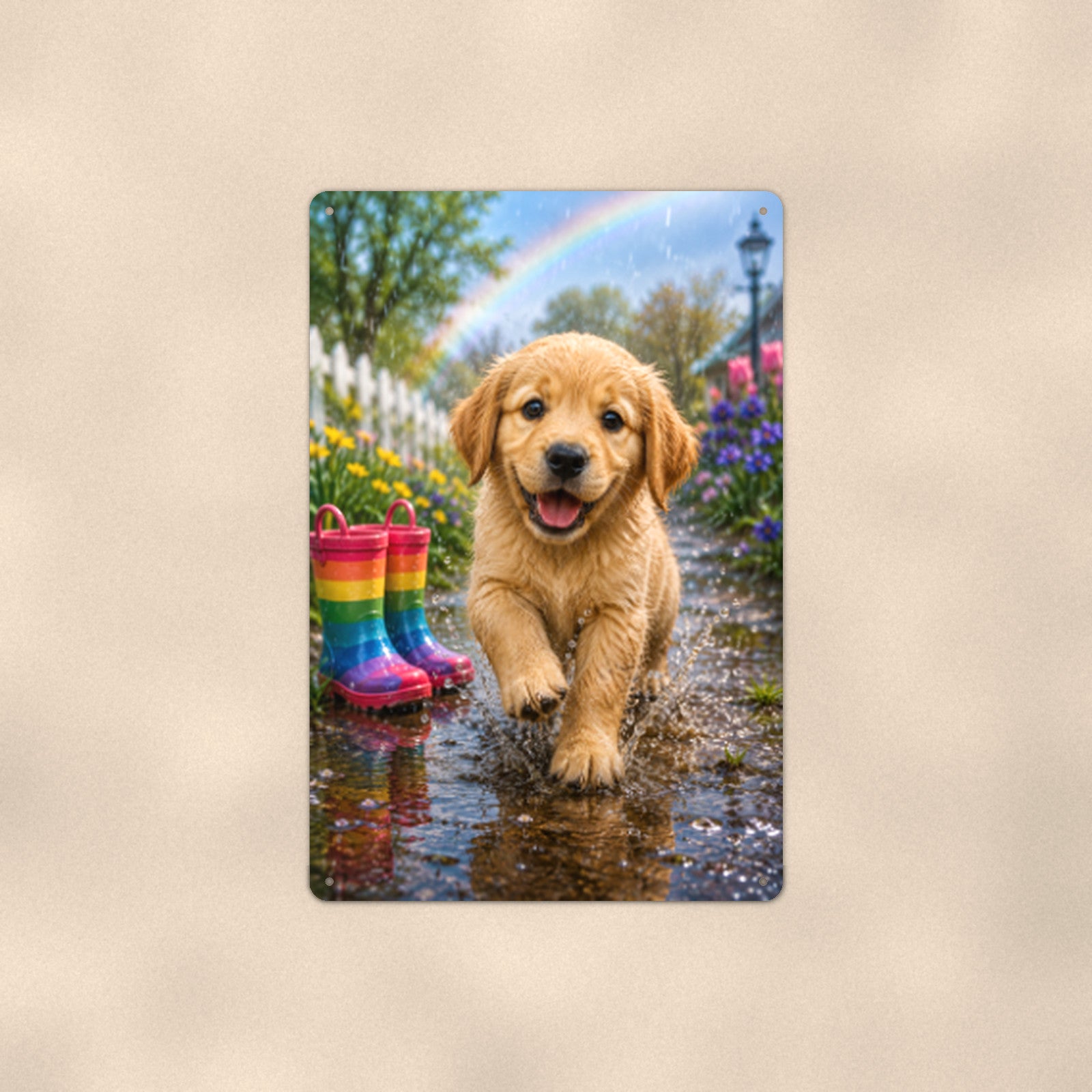 Puppy and the Rainbow Boots aluminum metal sign 8" x 12" - front view on warm wall
