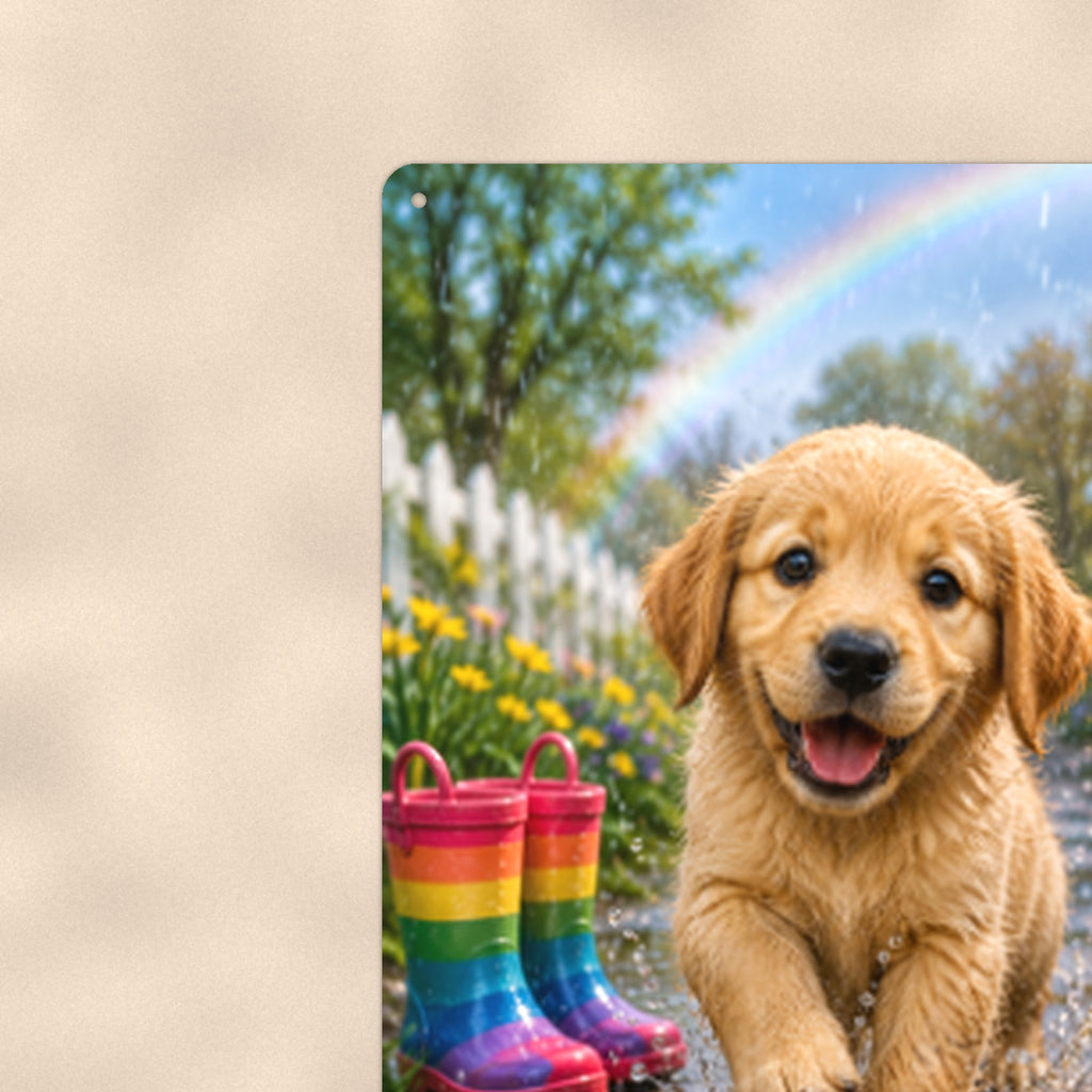 Puppy and the Rainbow Boots aluminum metal sign 8" x 12" - close-up view of the printed artwork